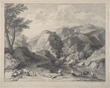 Mountainous landscape with herdsmen and cows, ca. 1725-80. Creator: Joseph Wagner