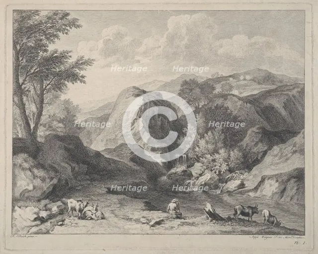 Mountainous landscape with herdsmen and cows, ca. 1725-80. Creator: Joseph Wagner.