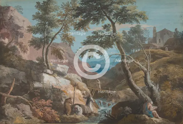 Mountainous Landscape with Hermits, ca. 1700-1730. Creator: Marco Ricci.