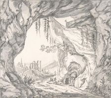 Mountainous Landscape with Ruins of a Castle and Three Men in a Cave..., late 18th-early 19th cent. Creator: Johann Huber