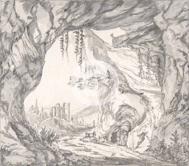 Mountainous Landscape with Ruins of a Castle and Three Men in a Cave..., late 18th-early 19th cent. Creator: Johann Huber.