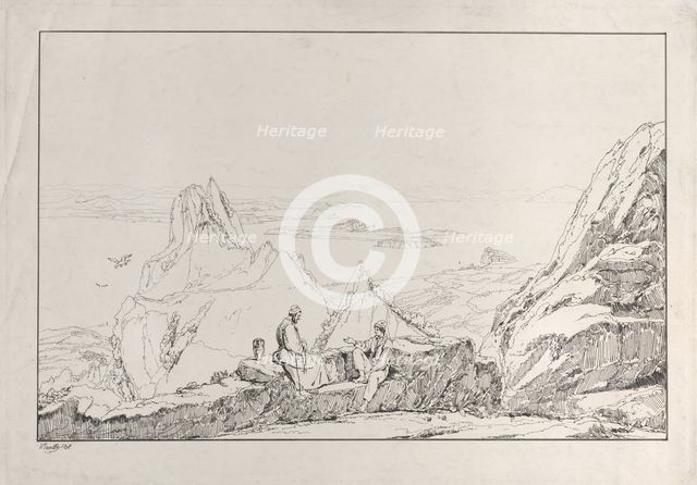 Mountainous landscape with two men in the foreground, 1828. Creator: Antonio Vianello.