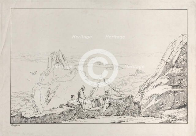 Mountainous landscape with two men in the foreground, 1828. Creator: Antonio Vianello.