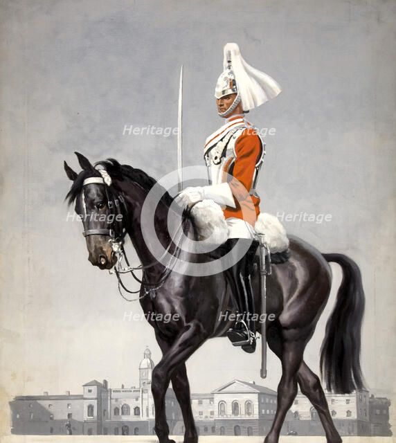 Mounted cavalryman in Horseguards Parade, London, between 1939 and 1946. Creators: Unknown, Central Office of Information.