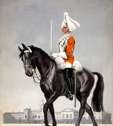 Mounted cavalryman in Horseguards Parade, London, between 1939 and 1946. Creators: Unknown, Central Office of Information