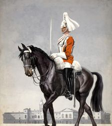 Mounted cavalryman in Horseguards Parade, London, between 1939 and 1946. Creators: Unknown, Central Office of Information