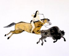 Mounted Grand Plains Indian hunting Buffalo with bow and arrow, c1890-c1927. Artist: Kills Two