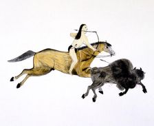 Mounted Grand Plains Indian hunting Buffalo with bow and arrow, c1890-c1927. Artist: Kills Two