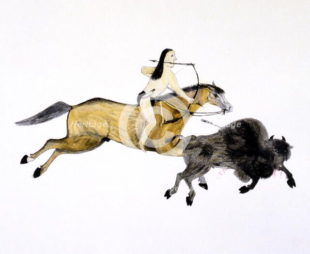 Mounted Grand Plains Indian hunting Buffalo with bow and arrow, c1890-c1927.  Artist: Kills Two