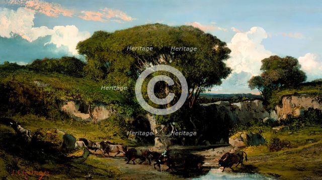 Mounted Herdsmen and Bulls in the Roman Countryside, c1860. Creator: Auguste Clésinger.