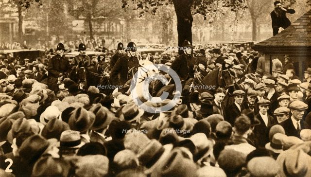 Mounted police and marchers, Means Test protests, Hyde Park, London, 1932, (1933). Creator: Unknown.