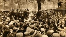 Mounted police and marchers, Means Test protests, Hyde Park, London, 1932, (1933). Creator: Unknown