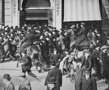 Mounted police disperse a crowd, Union Square, New York City, USA, late 19th or early 20th century. Creator: Unknown