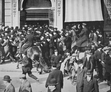 Mounted police disperse a crowd, Union Square, New York City, USA, late 19th or early 20th century. Creator: Unknown