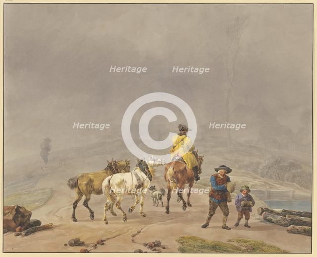 Mounted postilion with two lead horses in a winter landscape, 18th century. Creator: Wilhelm von Kobell.