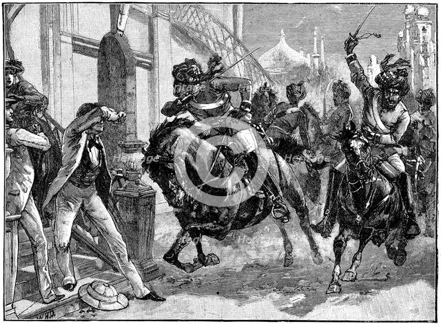 Mounted rebel Sepoys charging through the streets of Delhi, Indian Mutiny, May 1857 (c1895). Artist: Unknown
