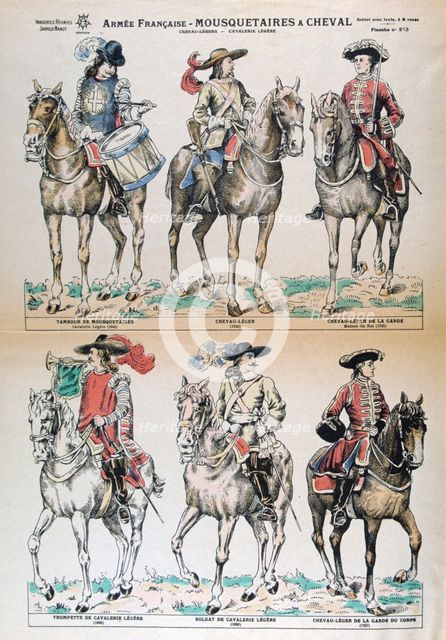 Mousquetaires a Cheval 17th Century. French army uniforms. Colour Lithograph. Private collection. Artist: Unknown