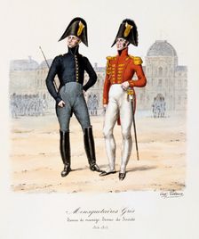 Mousquetaires Gris, Tenue de Manége and Tenue de Socièté 1814-15. Artist: Eugene Titeux