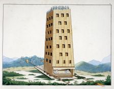 Moveable siege tower, designed after Caesar's tower at Namur, 1842. Creator: Friedrich Martin von Reibisch