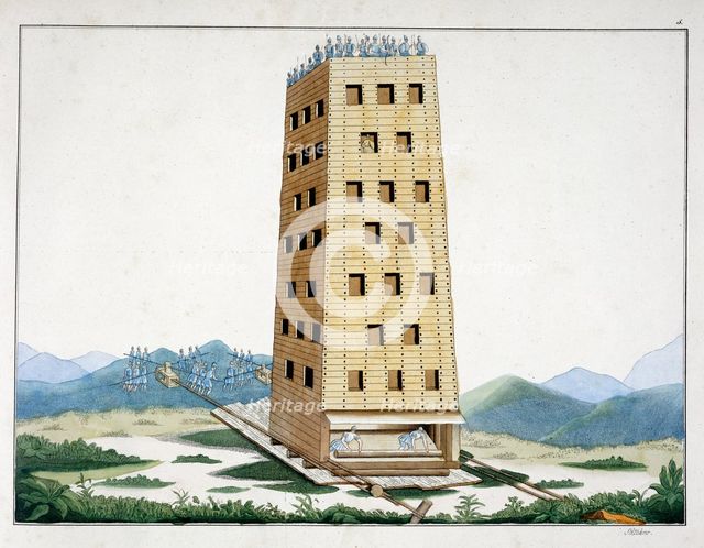 Moveable siege tower, designed after Caesar's tower at Namur, 1842. Creator: Friedrich Martin von Reibisch.