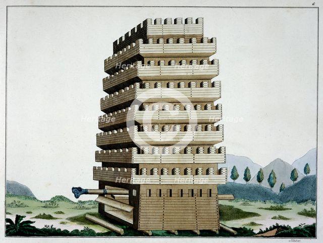 Moveable siege tower with outer galleries and a battering ram, 1842. Creator: Friedrich Martin von Reibisch.