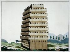 Moveable siege tower with outer galleries and a battering ram, 1842. Creator: Friedrich Martin von Reibisch
