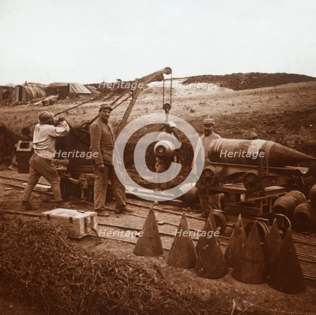 Moving shells with crane, Genicourt, northern France, c1914-c1918. Artist: Unknown.