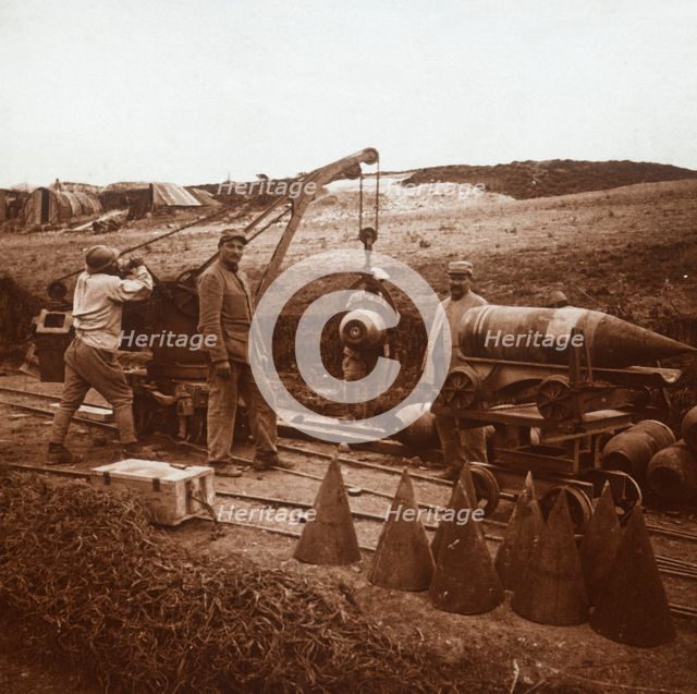 Moving shells with crane, Genicourt, northern France, c1914-c1918. Artist: Unknown.
