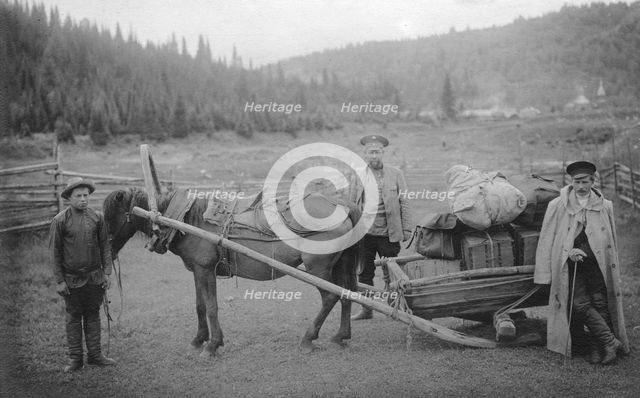Moving the Expedition Equipment on the Drag Harrow, Near the Ust'-Anzas Ulus, 1913. Creator: GI Ivanov.