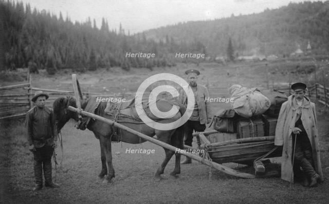 Moving the Expedition Equipment on the Drag Harrow, Near the Ust'-Anzas Ulus, 1913. Creator: GI Ivanov.