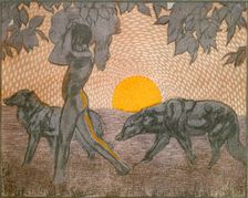 Mowgli and wolves; scene from "The Jungle Book", 1919. Creator: Paul Jouve