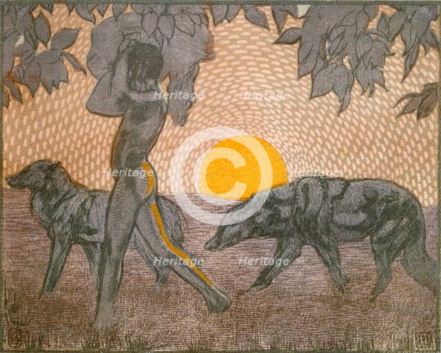Mowgli and wolves; scene from "The Jungle Book", 1919.  Creator: Paul Jouve.