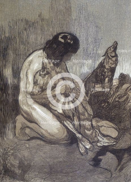 Mowgli and wolves; scene from "The Jungle Book", 1919. Creator: Paul Jouve.