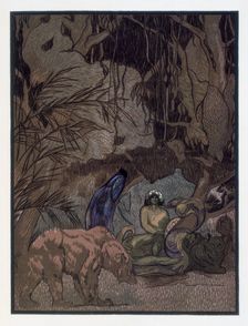 Mowgli, Baloo and other animals; scene from "The Jungle Book", 1919. Creator: Paul Jouve