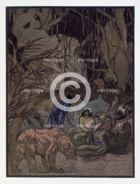 Mowgli, Baloo and other animals; scene from "The Jungle Book", 1919. Creator: Paul Jouve.