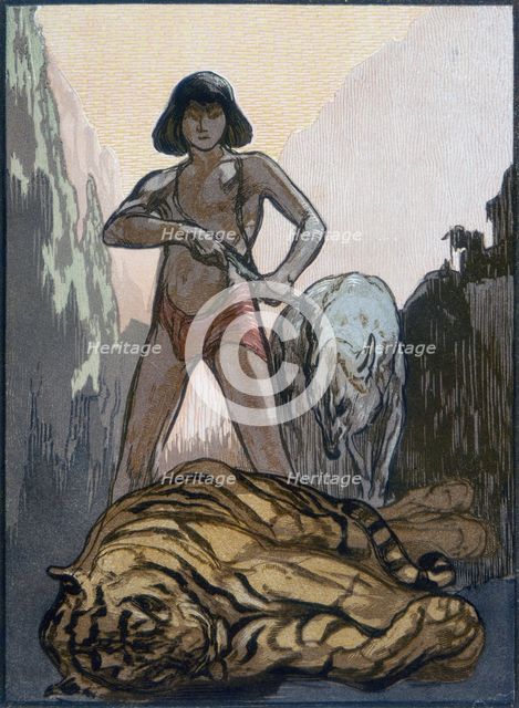 Mowgli kills Shere Khan, the tiger; scene from "The Jungle Book", 1919. Creator: Paul Jouve.