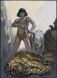 Mowgli kills Shere Khan, the tiger; scene from "The Jungle Book", 1919. Creator: Paul Jouve