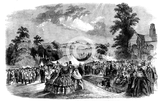 Mowing, Shearing, and Cottagers' Flower Show, at Coleshill Park - the Distribution of the..., 1858. Creator: Unknown.