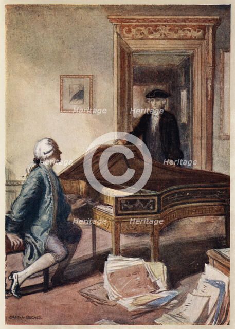 Mozart and the mysterious stranger, 1791, (c1914). Artist: Charles A Buchel