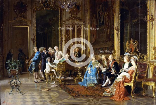 Mozart plays the harpsichord for King George III, ca 1891. Creator: Mantegazza, Giacomo (1853-1920).