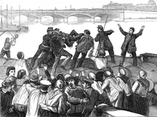 Mob of Paris rioters drowning a police agent, 1871. Creator: Unknown