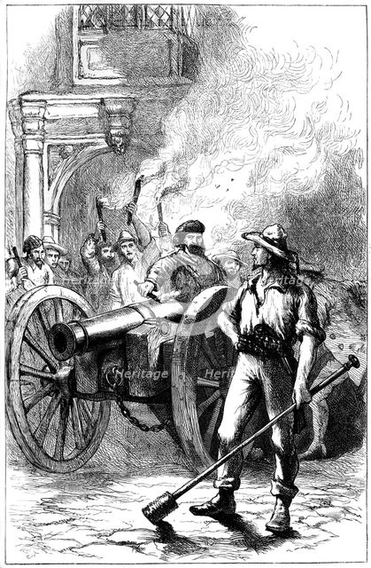 Mob firing cannon before the courthouse where Alexander McLeod was imprisoned, 1840 (c1880). Artist: Unknown
