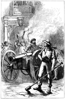Mob firing cannon before the courthouse where Alexander McLeod was imprisoned, 1840 (c1880)