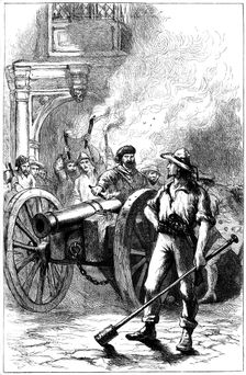 Mob firing cannon before the courthouse where Alexander McLeod was imprisoned, 1840 (c1880)