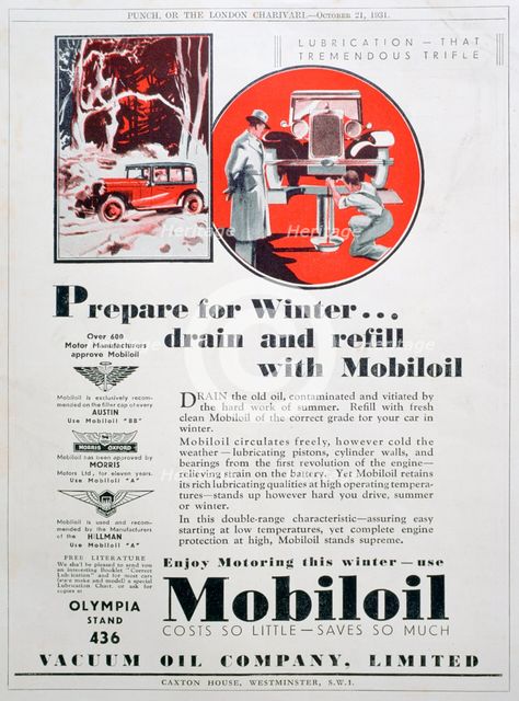 Mobiloil motor oil advert, 1931. Artist: Unknown