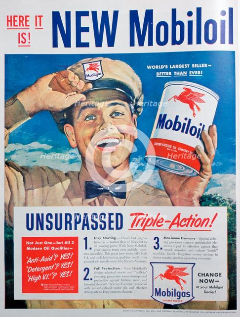Mobiloil motor oil advert, 1949. Artist: Unknown