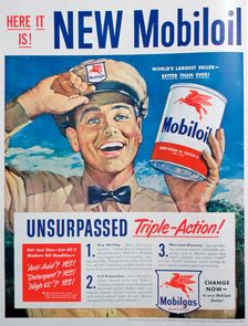 Mobiloil motor oil advert, 1949