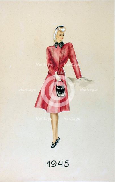 Model in a suit, holding a handbag, 1945. Creator: Unknown.