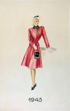 Model in a suit, holding a handbag, 1945. Creator: Unknown