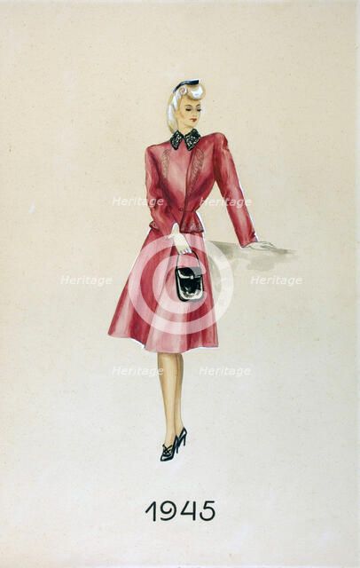Model in a suit, holding a handbag, 1945. Artist: Unknown